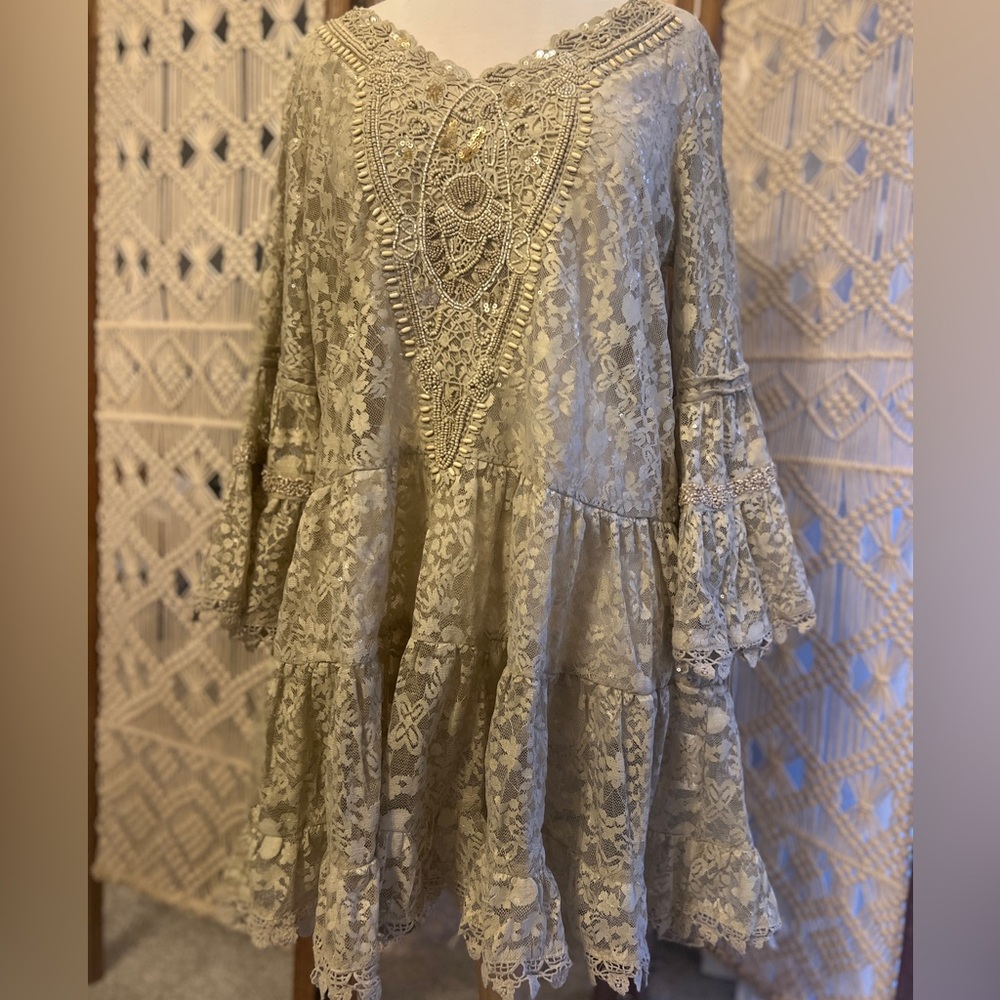 Antica Sartoria Lace Beaded and Embroidered One Size Cover Up with Bell Sleeves